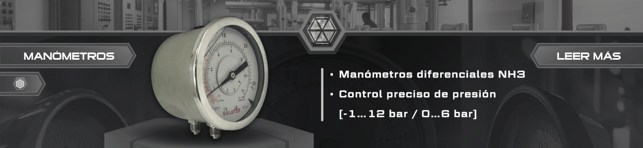 Banner de manómetros diferenciales para amoníaco (NH3) con rango de medición -1 a 12 bar y 0 a 6 bar para control de presión en sistemas de refrigeración industrial.