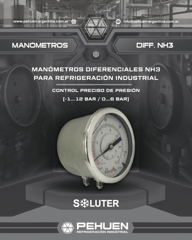 Manómetros diferenciales de amoníaco Soluter para refrigeración industrial. Control preciso de presión con escala [-1…12 bar / 0…6 bar.]
