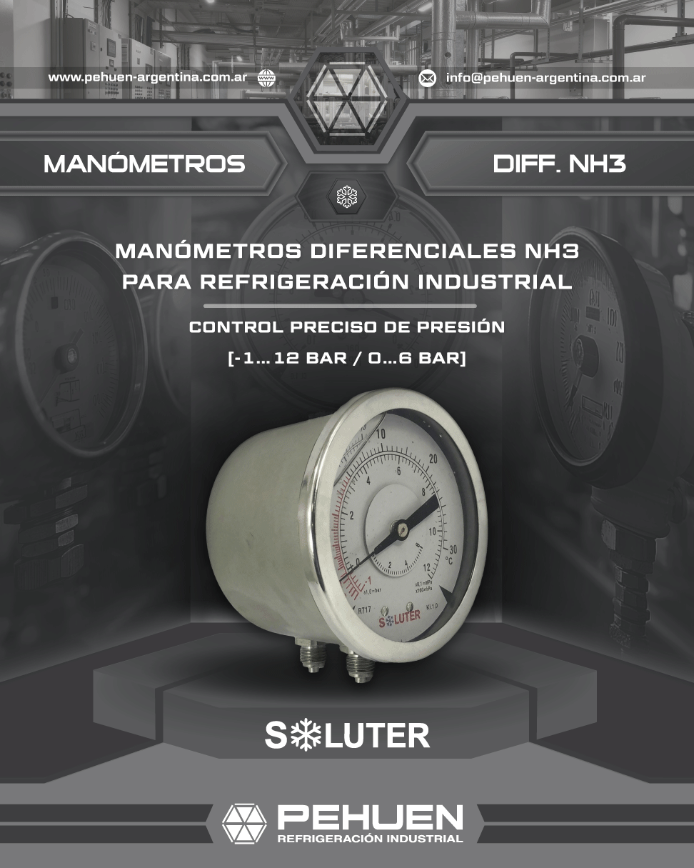 Manómetros diferenciales de amoníaco Soluter para refrigeración industrial. Control preciso de presión con escala [-1…12 bar / 0…6 bar.]