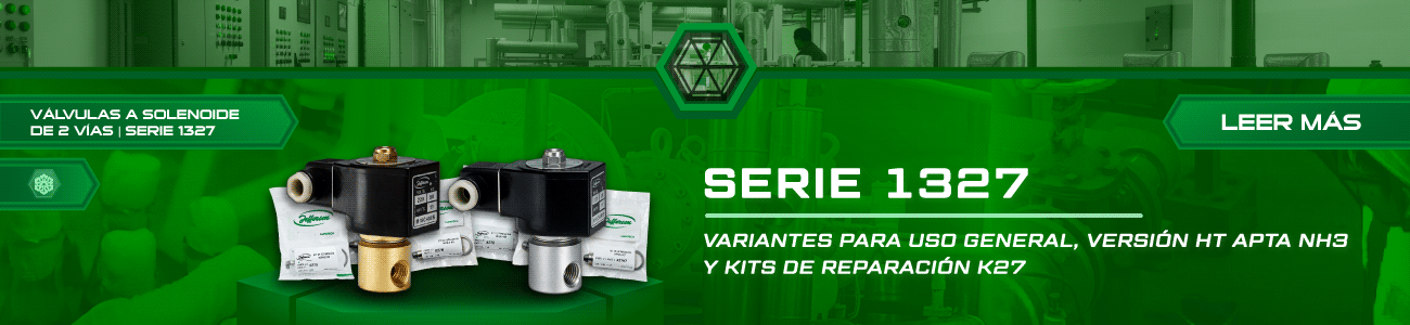 Imagen de dos válvulas a solenoide de la Serie 1327 de Jefferson junto a kits de reparación K27. La gráfica destaca las variantes de uso general y la versión HT apta para amoníaco.