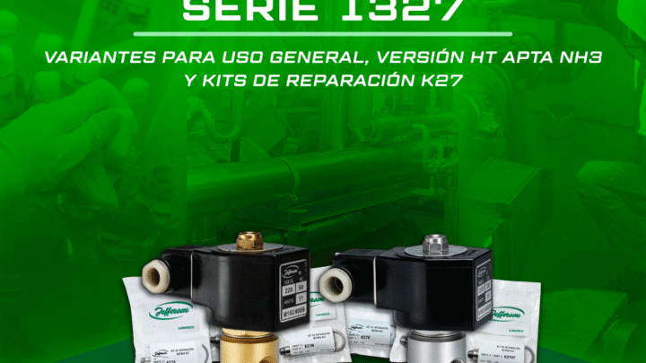 Imagen de dos válvulas a solenoide de la Serie 1327 de Jefferson junto a kits de reparación K27. La gráfica destaca las variantes de uso general y la versión HT apta para amoníaco.