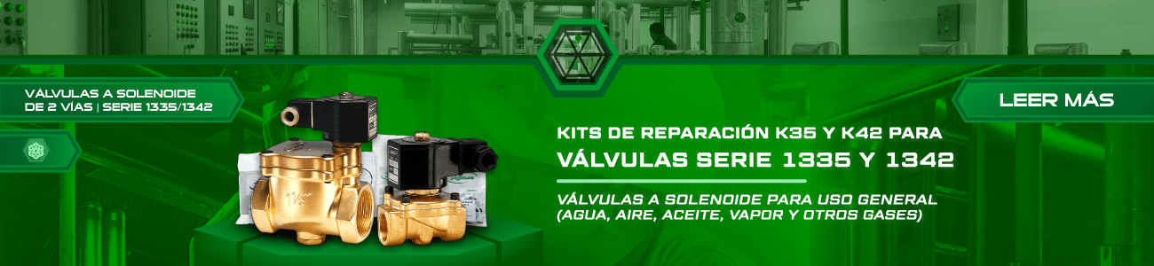 Válvulas a solenoide Jefferson de las Series 1335 y 1342, con cuerpos de latón y bobinas negras, junto a sus kits de reparación sobre un fondo industrial verde de Pehuen.