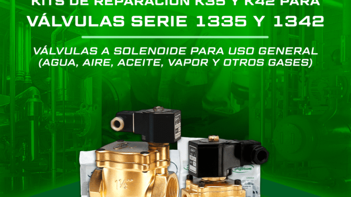 Válvulas a solenoide Jefferson de las Series 1335 y 1342, con cuerpos de latón y bobinas negras, junto a sus kits de reparación sobre un fondo industrial verde de Pehuen.