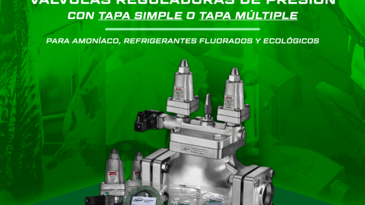 Válvula reguladora de presión Jefferson Serie 2054 con tapa simple y múltiple, pilotos integrados, bobinas y kits de reparación para mantenimiento de sistemas de refrigeración industrial con amoníaco y refrigerantes fluorados.