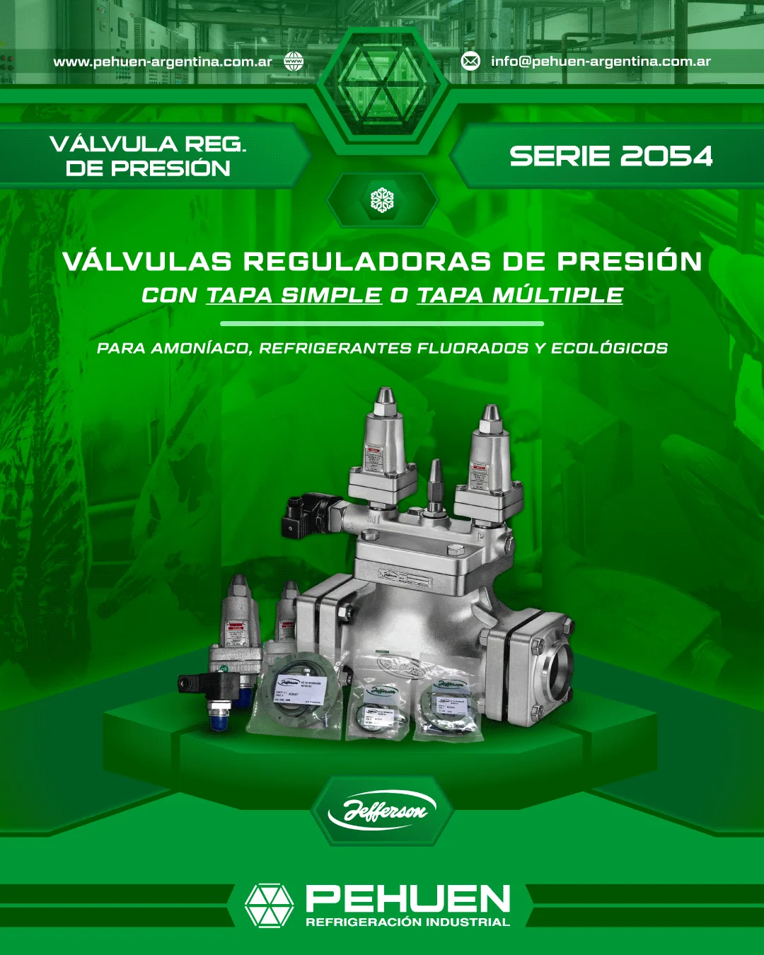 Válvula reguladora de presión Jefferson Serie 2054 con tapa simple y múltiple, pilotos integrados, bobinas y kits de reparación para mantenimiento de sistemas de refrigeración industrial con amoníaco y refrigerantes fluorados.