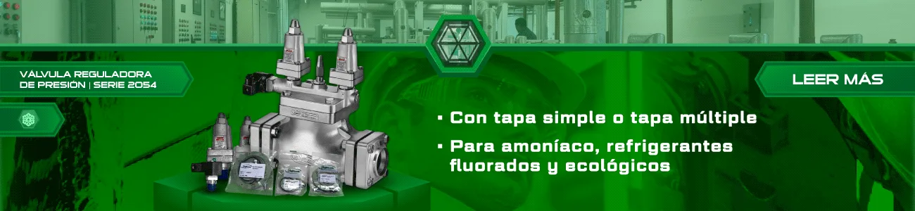 Válvula reguladora de presión Jefferson Serie 2054 con tapa simple y múltiple, pilotos integrados, bobinas y kits de reparación para mantenimiento de sistemas de refrigeración industrial con amoníaco y refrigerantes fluorados.
