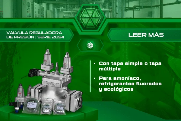 Válvula reguladora de presión Jefferson Serie 2054 con tapa simple y múltiple, pilotos integrados, bobinas y kits de reparación para mantenimiento de sistemas de refrigeración industrial con amoníaco y refrigerantes fluorados.