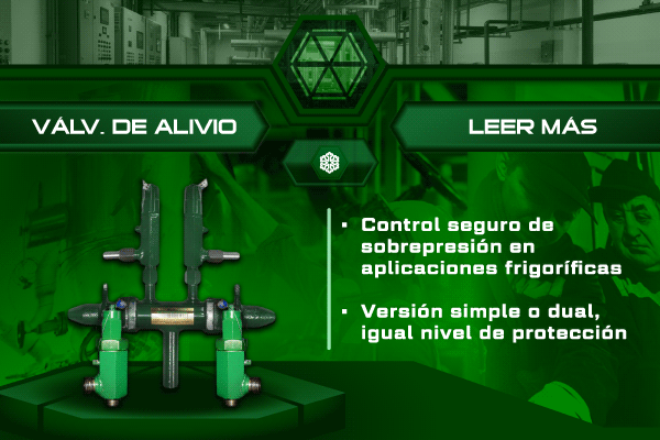 Válvulas de alivio Hecam simple y dual para control de sobrepresión en aplicaciones frigoríficas industriales