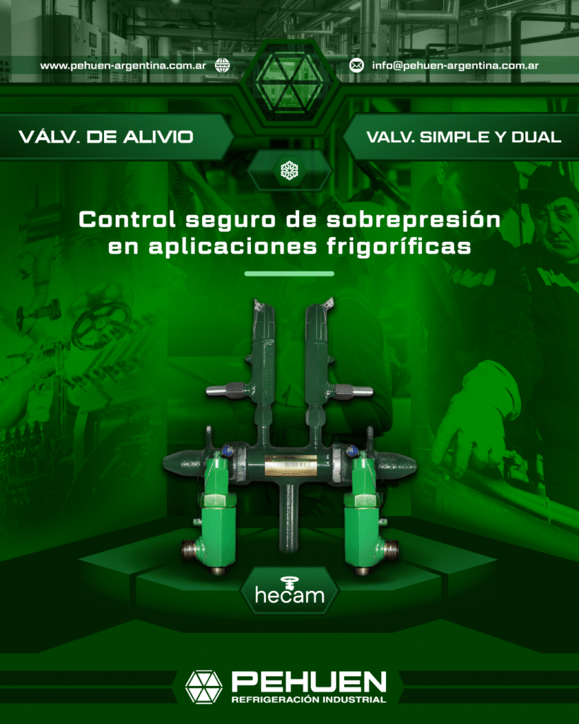 Válvulas de alivio Hecam simple y dual para control de sobrepresión en aplicaciones frigoríficas industriales