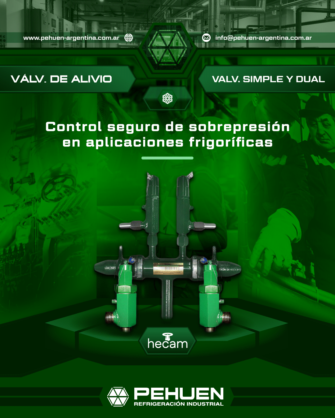 Válvulas de alivio Hecam simple y dual para control de sobrepresión en aplicaciones frigoríficas industriales