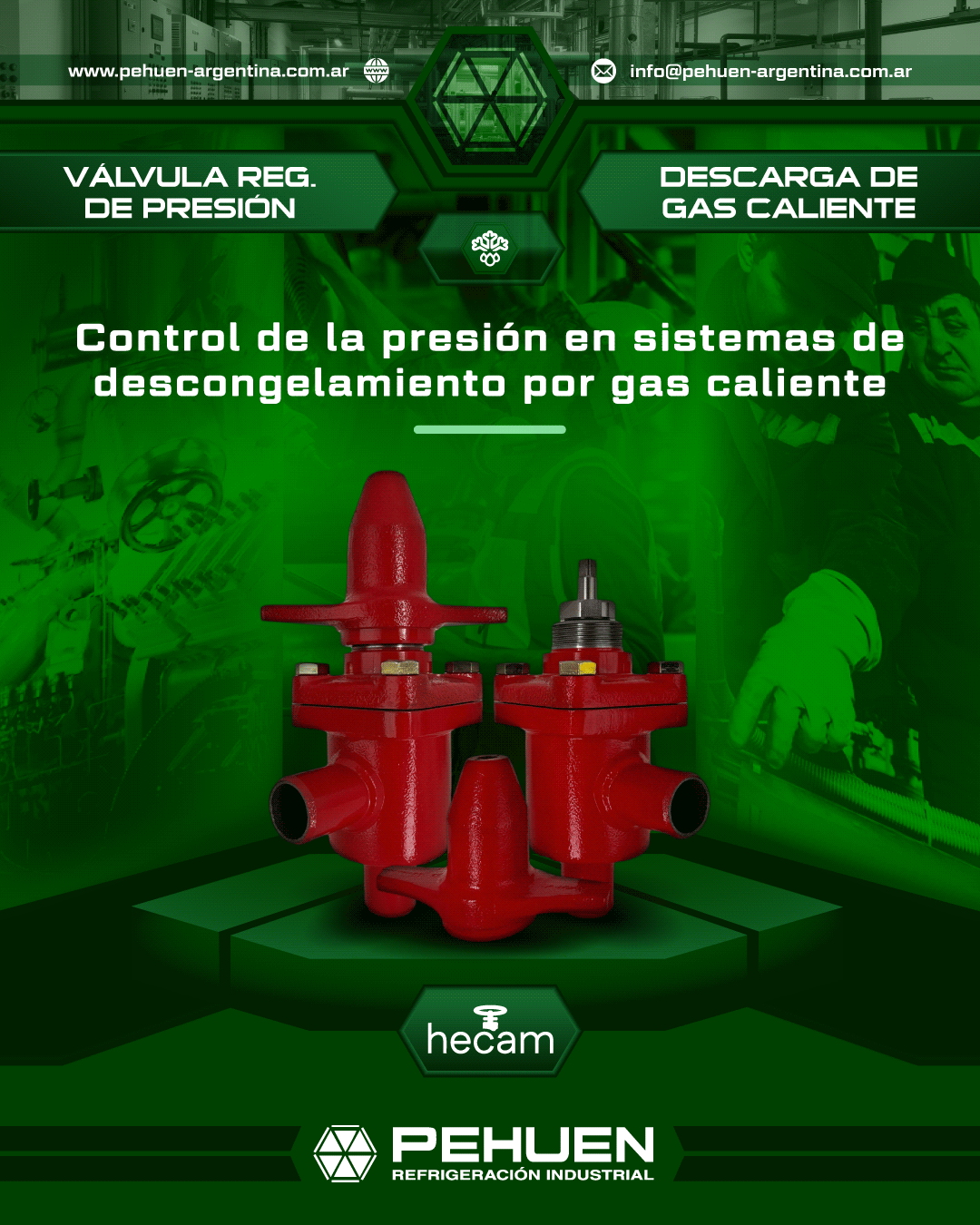 Válvula reguladora de presión para descarga de gas caliente Hecam para sistemas de refrigeración industrial y procesos de descongelamiento por gas caliente.
