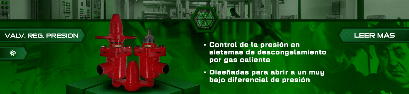 Válvula reguladora de presión para descarga de gas caliente Hecam para sistemas de refrigeración industrial y procesos de descongelamiento por gas caliente.
