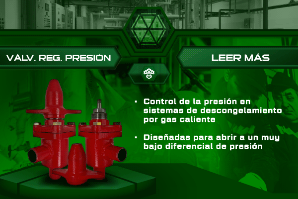 Válvula reguladora de presión para descarga de gas caliente Hecam para sistemas de refrigeración industrial y procesos de descongelamiento por gas caliente.
