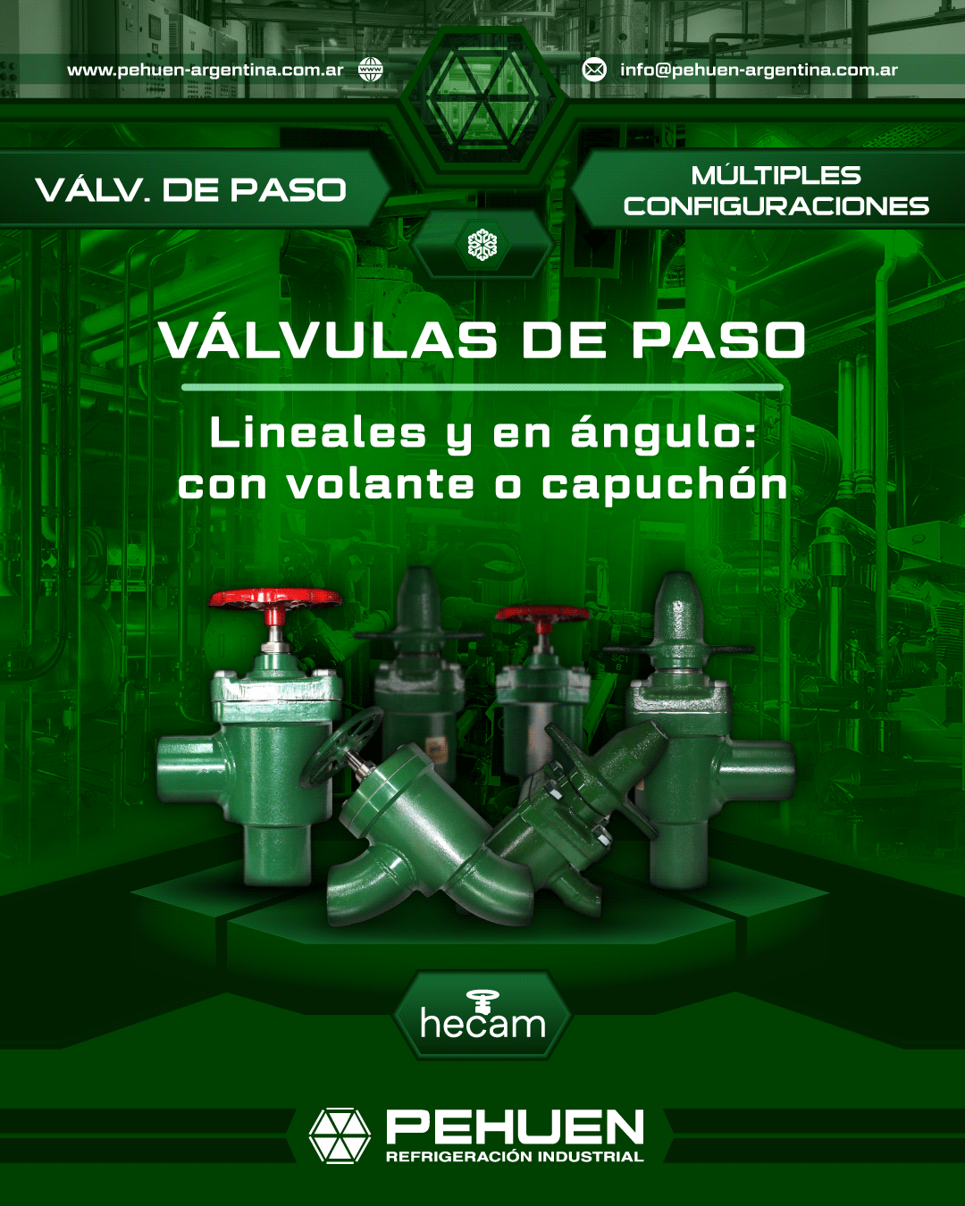 Válvulas de paso Hecam lineales y en ángulo, disponibles con volante o capuchón para refrigeración industrial.