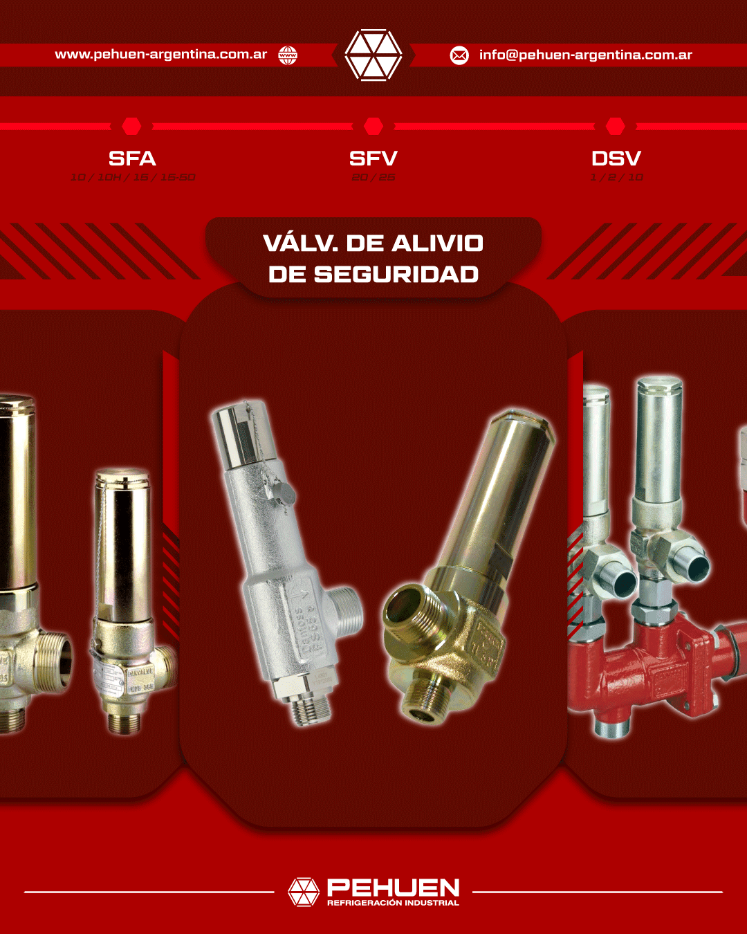 Válvulas de alivio de seguridad Danfoss modelos SFA, SFV y DSV utilizadas en sistemas de refrigeración industrial para protección contra sobrepresión y mantenimiento de instalaciones