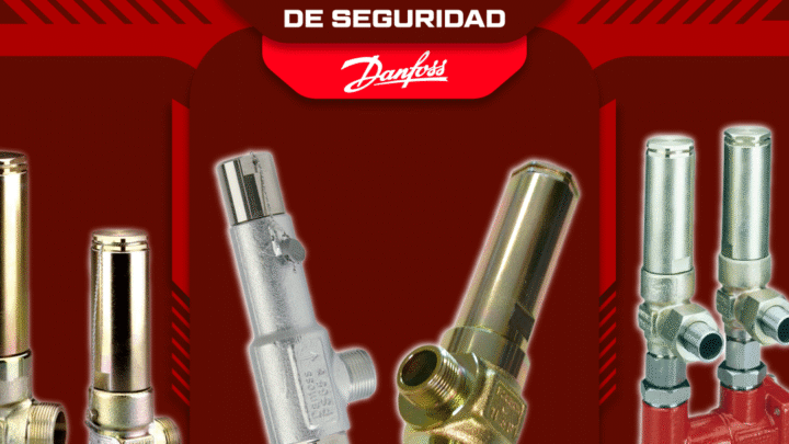 Válvulas de alivio de seguridad Danfoss modelos SFA, SFV y DSV utilizadas en sistemas de refrigeración industrial para protección contra sobrepresión y mantenimiento de instalaciones