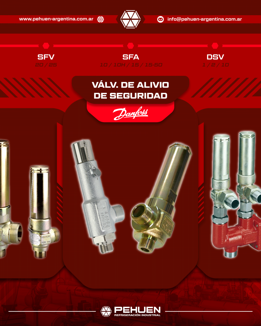 Válvulas de alivio de seguridad Danfoss modelos SFA, SFV y DSV utilizadas en sistemas de refrigeración industrial para protección contra sobrepresión y mantenimiento de instalaciones