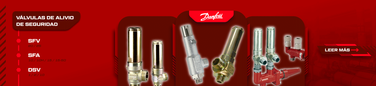 Válvulas de alivio de seguridad Danfoss modelos SFA, SFV y DSV utilizadas en sistemas de refrigeración industrial para protección contra sobrepresión y mantenimiento de instalaciones